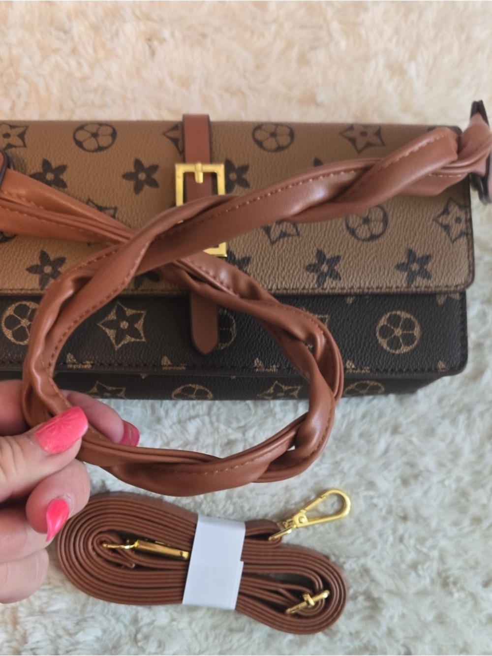 NWT Monogram Flap Crossbody Bag Braided Shoulder Strap Brown Two Tone - Picture 3 of 9